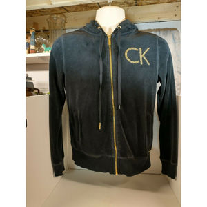 Calvin Klein Women's Black Velour Zip Up Hoodie Embellished Logo Size Small